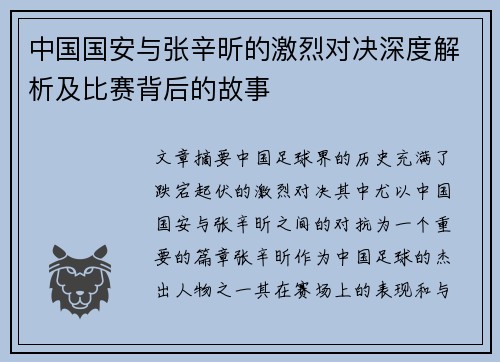 中国国安与张辛昕的激烈对决深度解析及比赛背后的故事